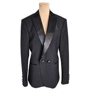 Zara Black Tuxedo Satin Lapels Refined Silhouette Wool Blend Sz 40